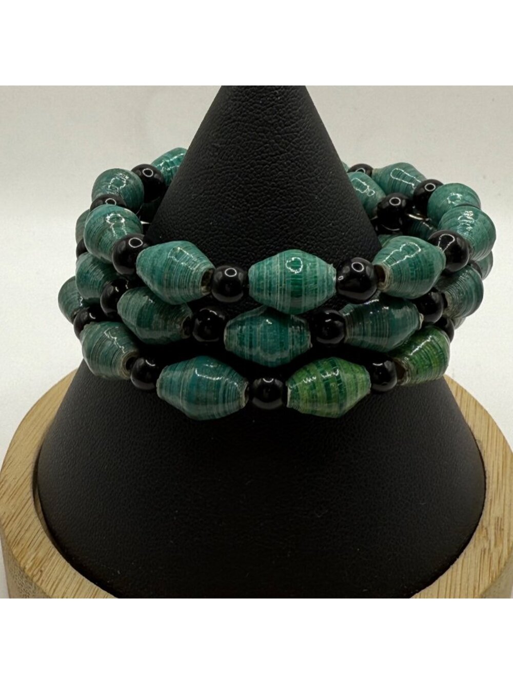 Y2K Boho Malachite Green Recycled Paper Bead Multi Strand Coiled Wrap Bracelet